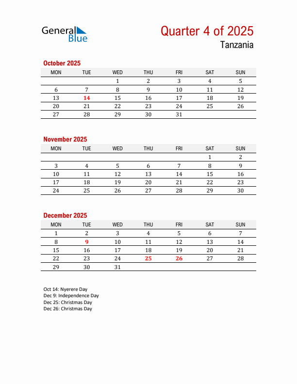 Printable Three Month Calendar with Tanzania Holidays