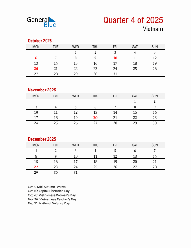 Printable Three Month Calendar with Vietnam Holidays