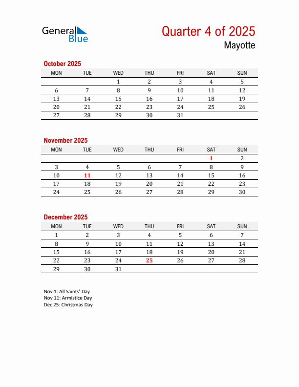 Printable Three Month Calendar with Mayotte Holidays