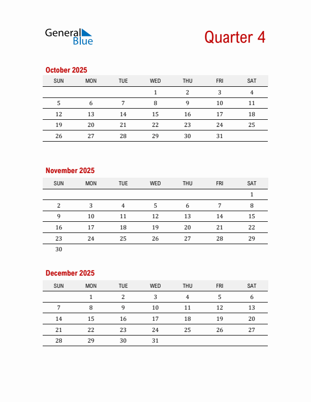 Three-Month Printable Calendar 2025