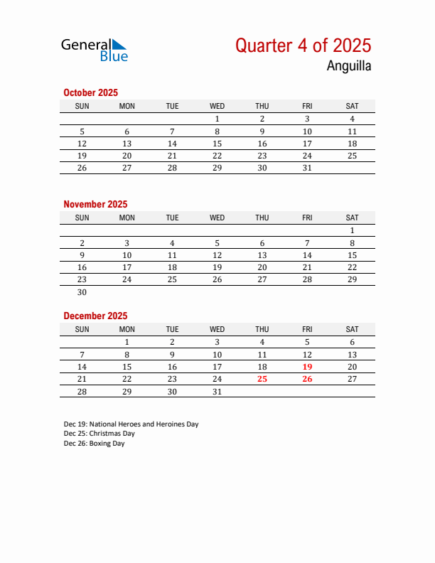 Printable Three Month Calendar with Anguilla Holidays