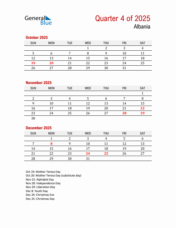 Printable Three Month Calendar with Albania Holidays