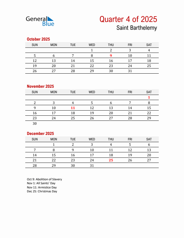 Printable Three Month Calendar with Saint Barthelemy Holidays