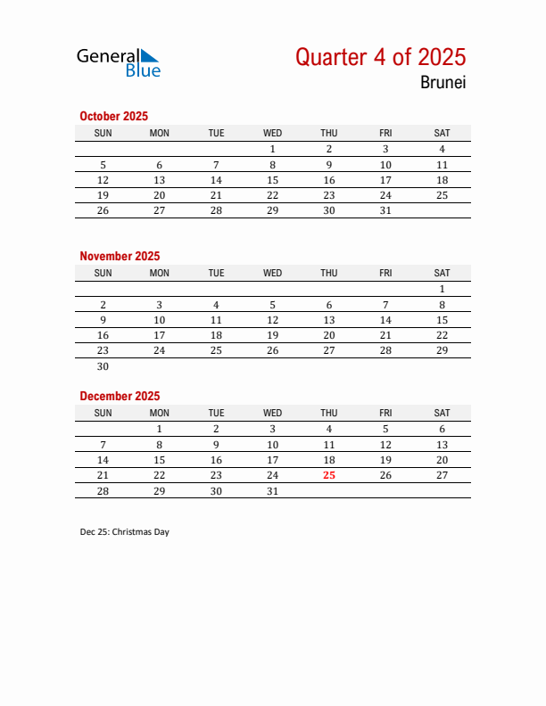 Printable Three Month Calendar with Brunei Holidays