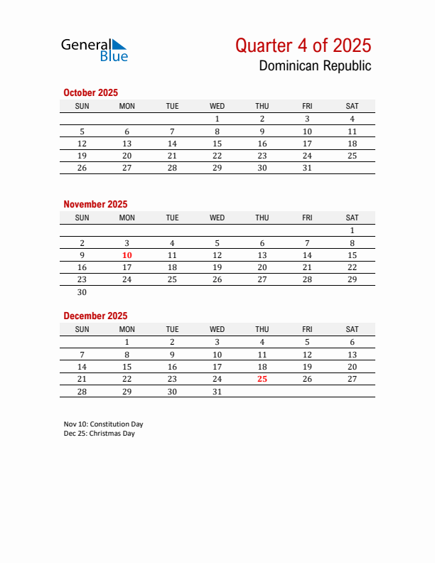 Printable Three Month Calendar with Dominican Republic Holidays