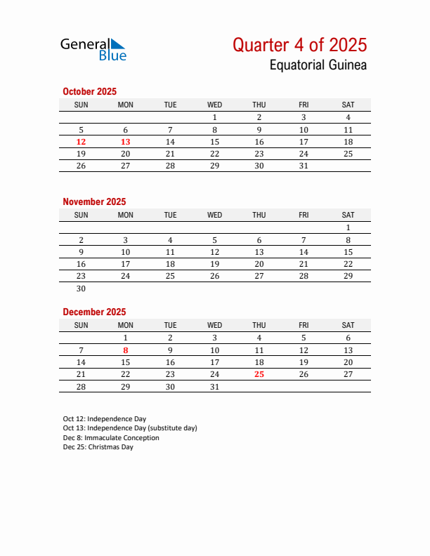 Printable Three Month Calendar with Equatorial Guinea Holidays