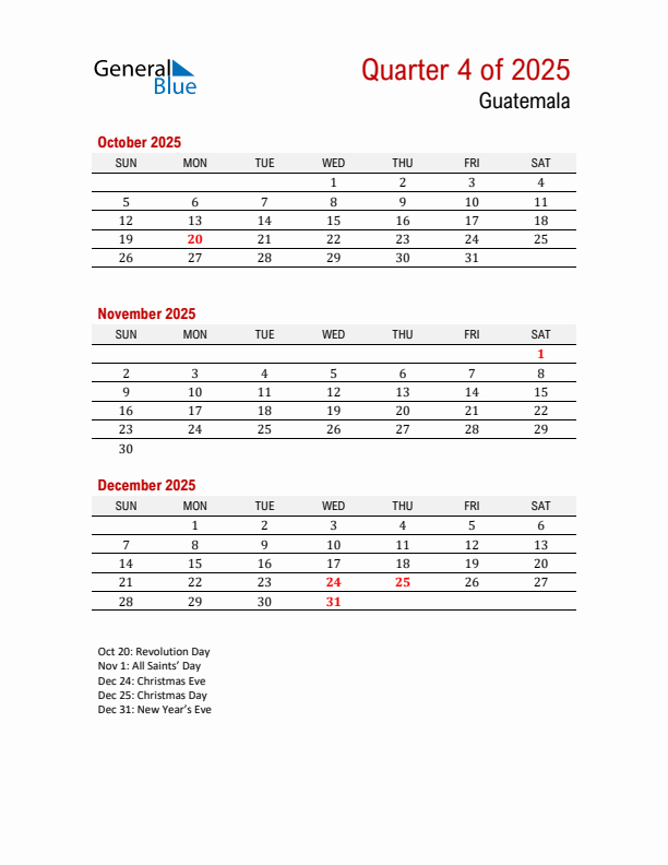 Printable Three Month Calendar with Guatemala Holidays