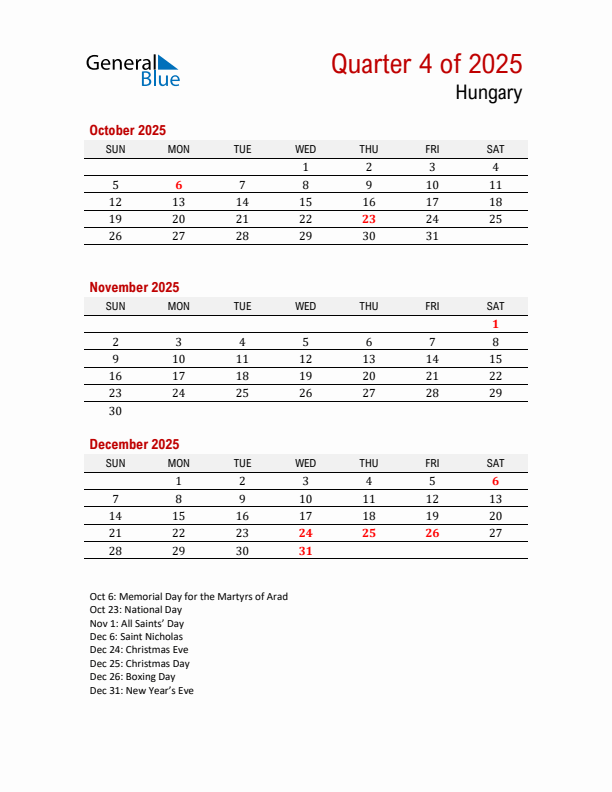 Printable Three Month Calendar with Hungary Holidays