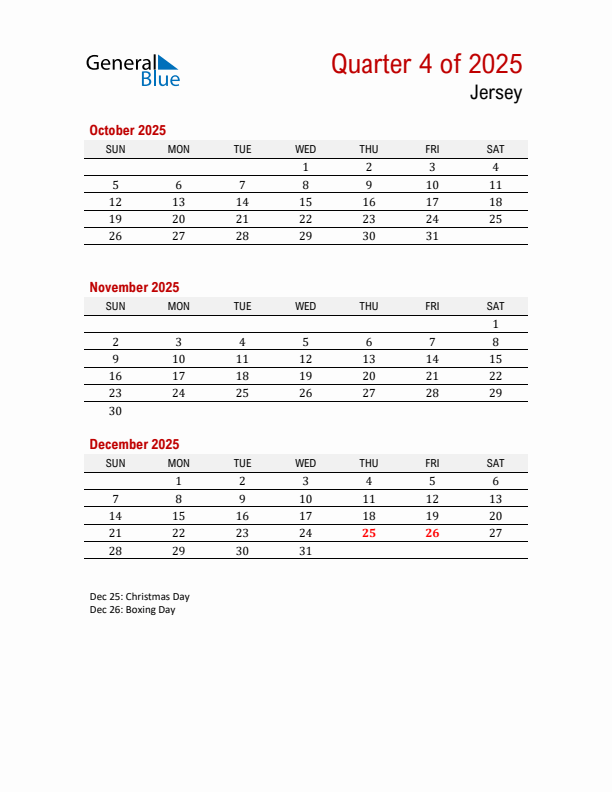 Printable Three Month Calendar with Jersey Holidays