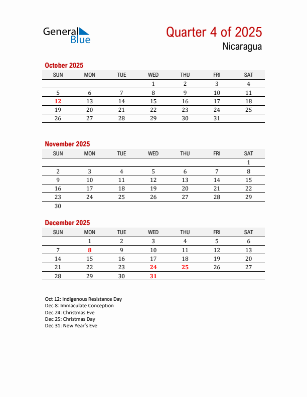 Printable Three Month Calendar with Nicaragua Holidays