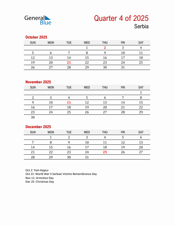 Printable Three Month Calendar with Serbia Holidays