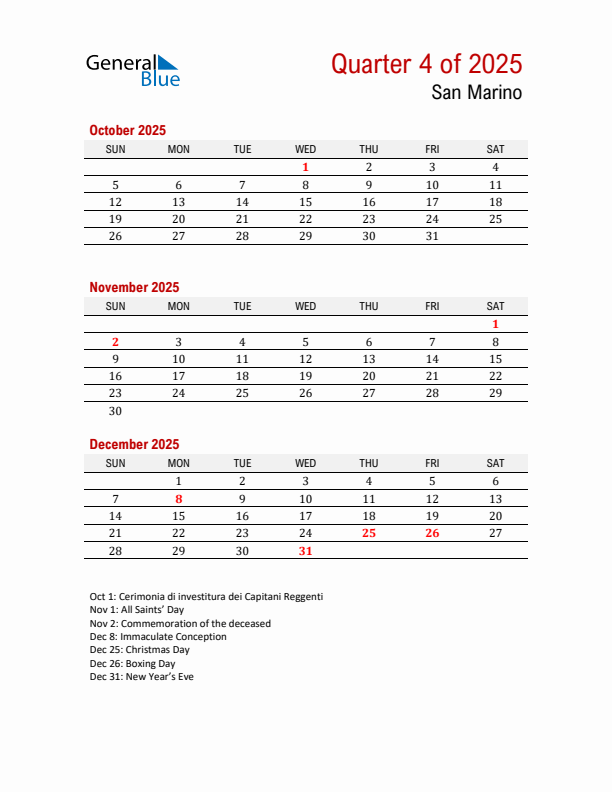 Printable Three Month Calendar with San Marino Holidays