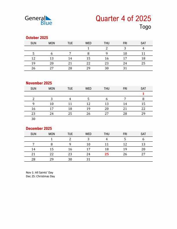 Printable Three Month Calendar with Togo Holidays