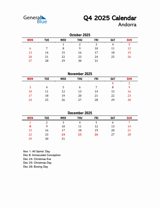 2025 Q4 Calendar with Holidays List for Andorra