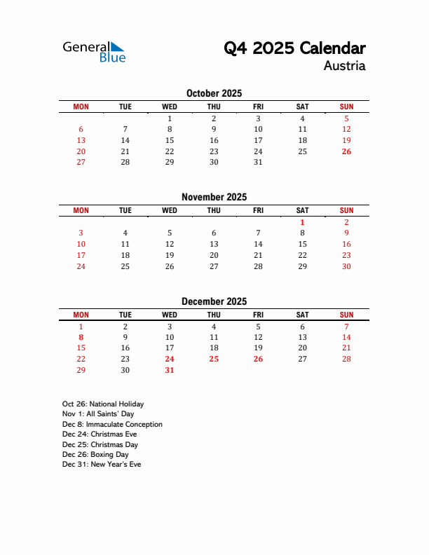 2025 Q4 Calendar with Holidays List for Austria