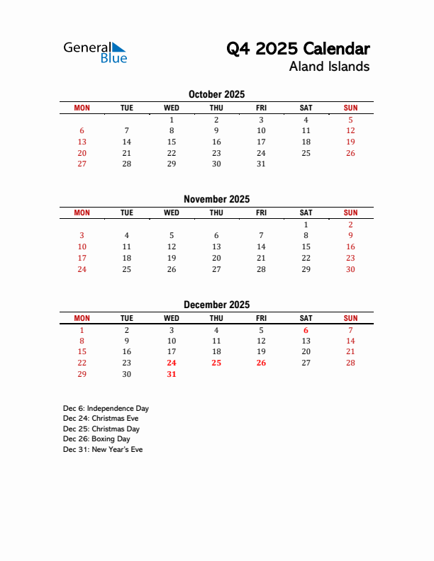 2025 Q4 Calendar with Holidays List for Aland Islands