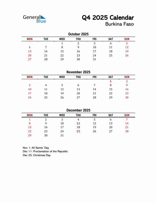 2025 Q4 Calendar with Holidays List for Burkina Faso