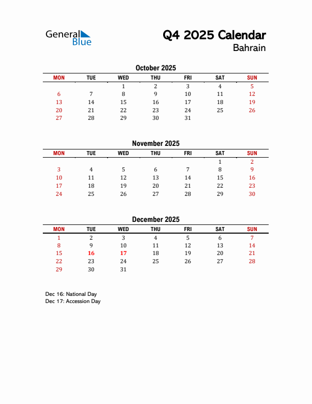 2025 Q4 Calendar with Holidays List for Bahrain