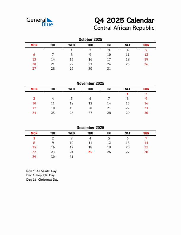 2025 Q4 Calendar with Holidays List for Central African Republic