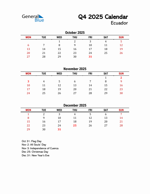 2025 Q4 Calendar with Holidays List for Ecuador