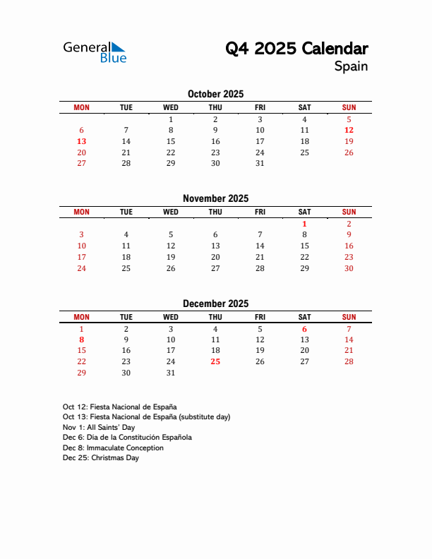 2025 Q4 Calendar with Holidays List for Spain