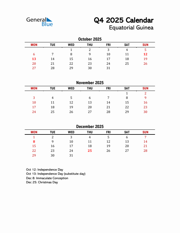 2025 Q4 Calendar with Holidays List for Equatorial Guinea