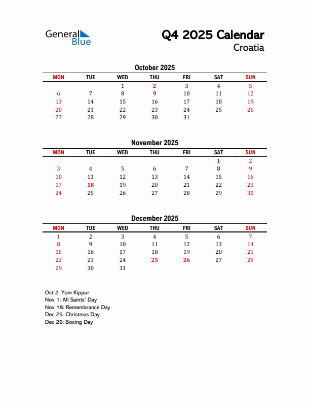 2025 Q4 Calendar with Holidays List for Croatia