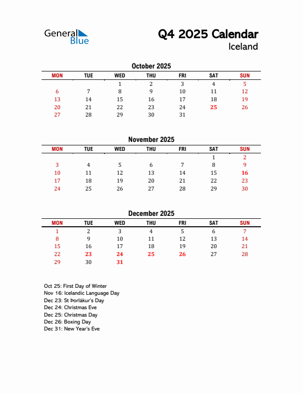 2025 Q4 Calendar with Holidays List for Iceland