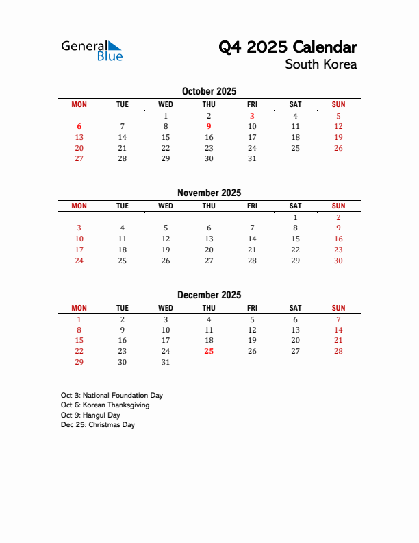 2025 Q4 Calendar with Holidays List for South Korea