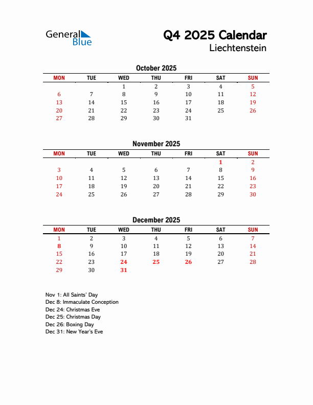 2025 Q4 Calendar with Holidays List for Liechtenstein