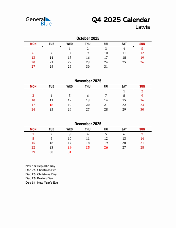 2025 Q4 Calendar with Holidays List for Latvia