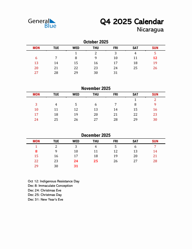 2025 Q4 Calendar with Holidays List for Nicaragua