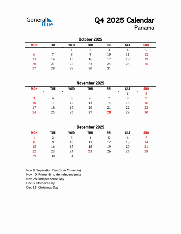 2025 Q4 Calendar with Holidays List for Panama