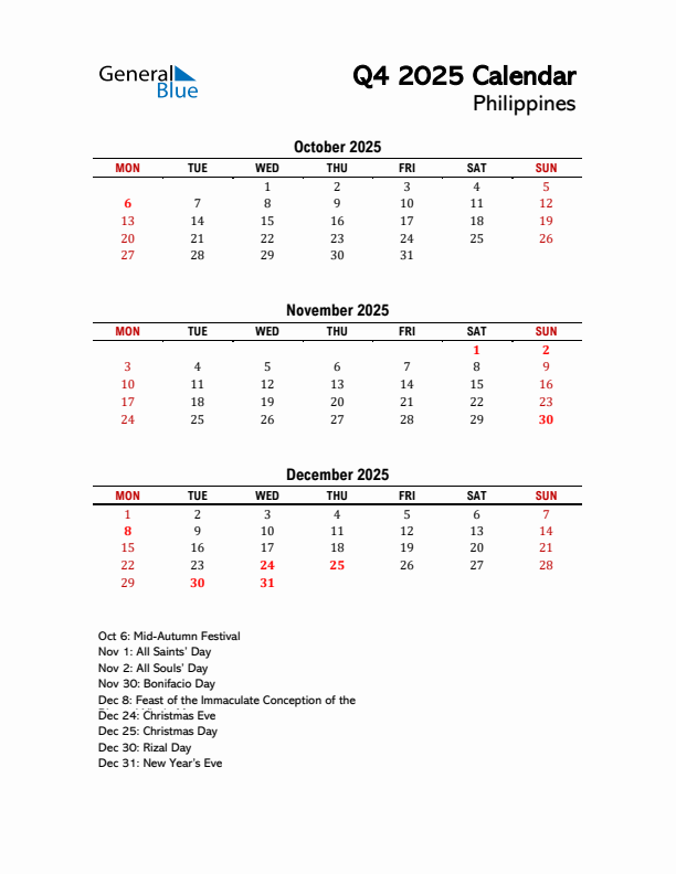 2025 Q4 Calendar with Holidays List for Philippines