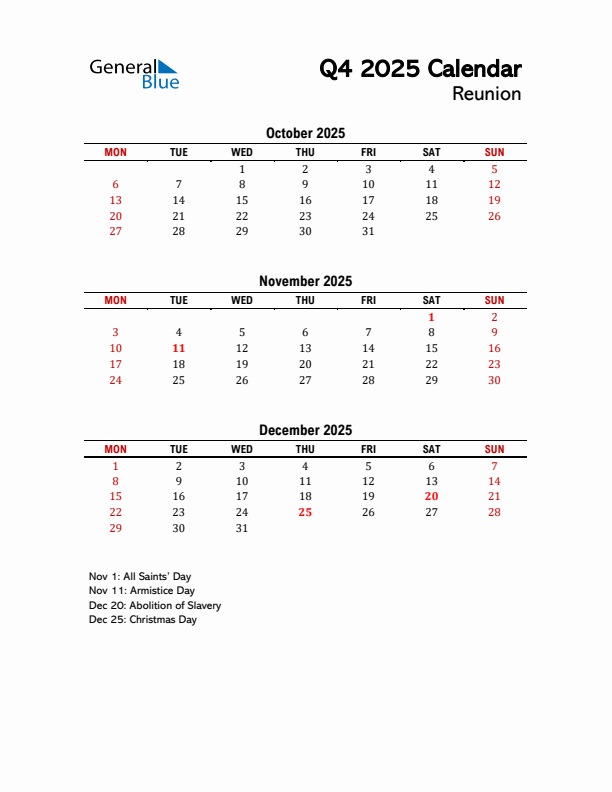 2025 Q4 Calendar with Holidays List for Reunion