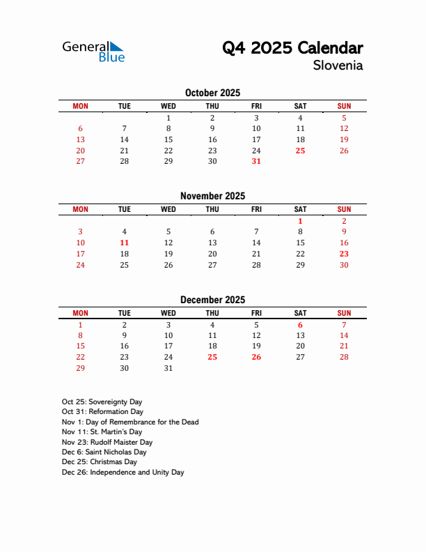 2025 Q4 Calendar with Holidays List for Slovenia