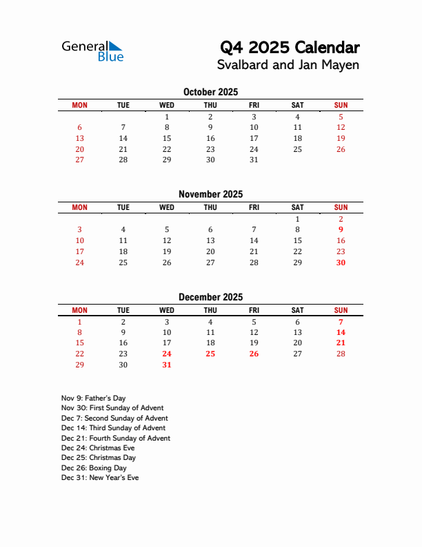 2025 Q4 Calendar with Holidays List for Svalbard and Jan Mayen