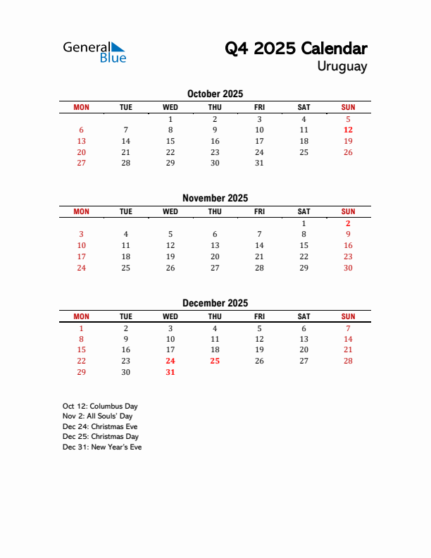 2025 Q4 Calendar with Holidays List for Uruguay