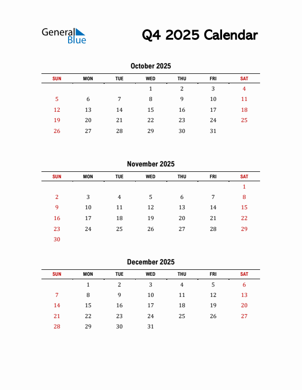 2025 Q4 Calendar with Red Weekend