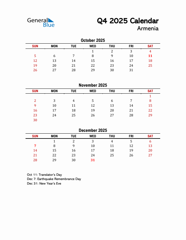 2025 Q4 Calendar with Holidays List for Armenia