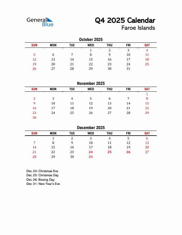 2025 Q4 Calendar with Holidays List for Faroe Islands