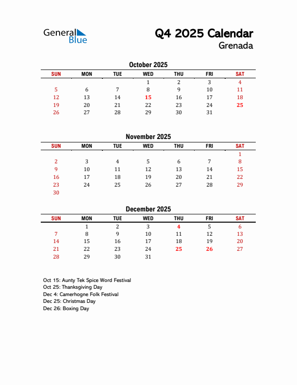 2025 Q4 Calendar with Holidays List for Grenada