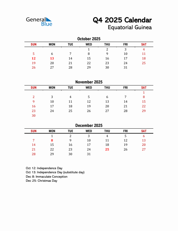 2025 Q4 Calendar with Holidays List for Equatorial Guinea