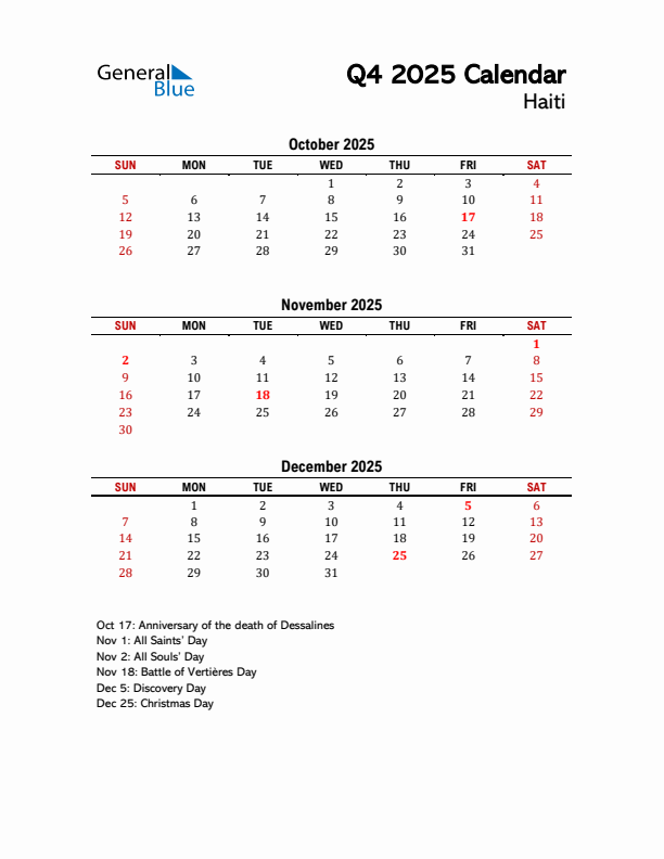 2025 Q4 Calendar with Holidays List for Haiti