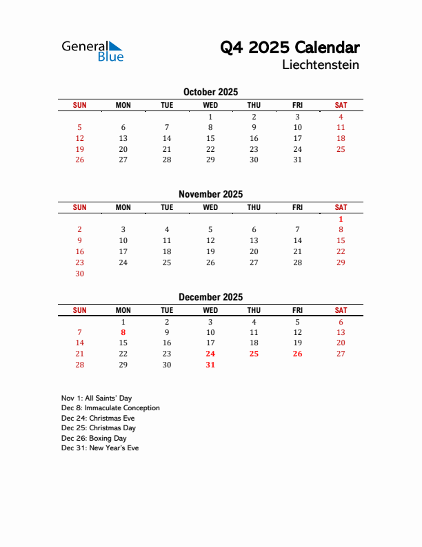 2025 Q4 Calendar with Holidays List for Liechtenstein