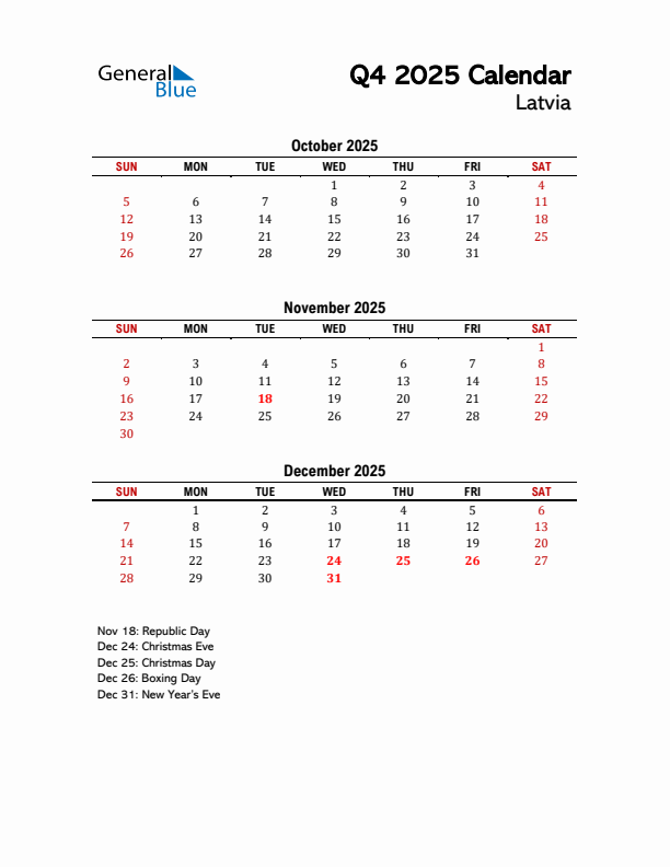 2025 Q4 Calendar with Holidays List for Latvia