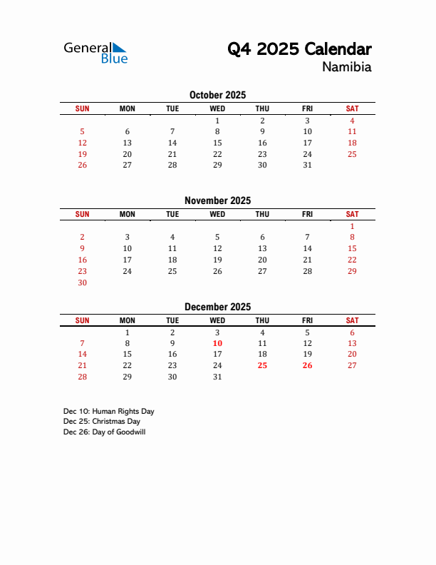 2025 Q4 Calendar with Holidays List for Namibia