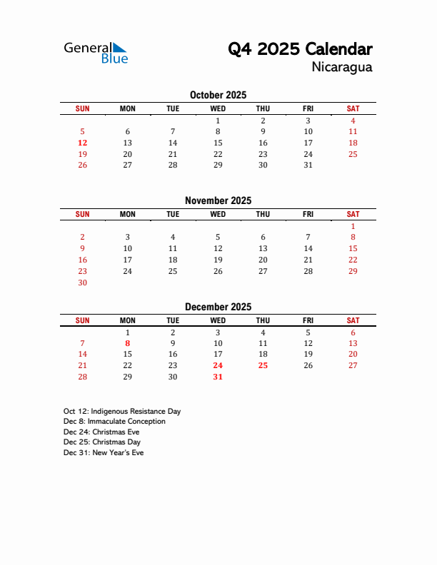 2025 Q4 Calendar with Holidays List for Nicaragua