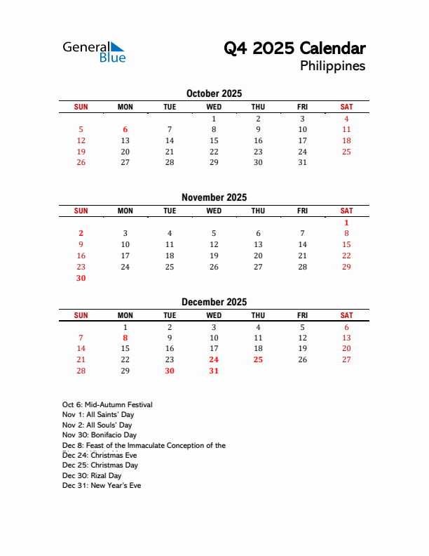 2025 Q4 Calendar with Holidays List for Philippines