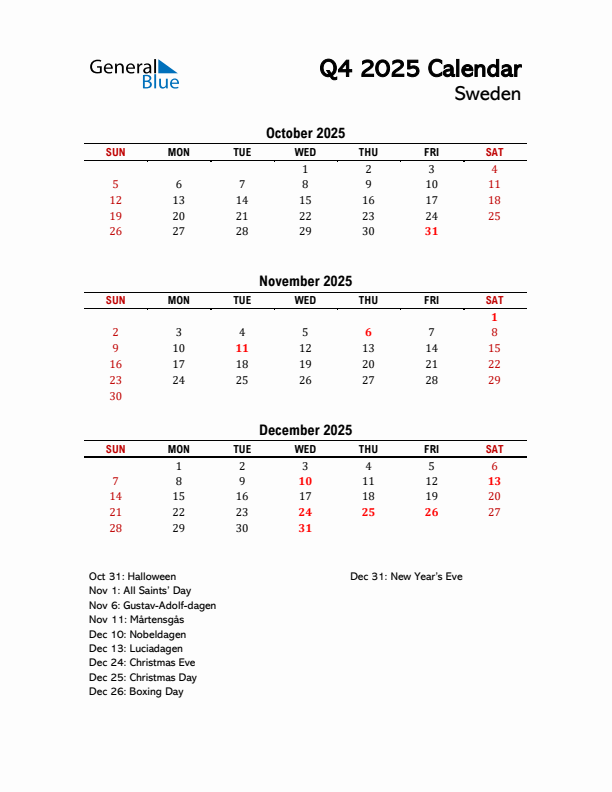 2025 Q4 Calendar with Holidays List for Sweden